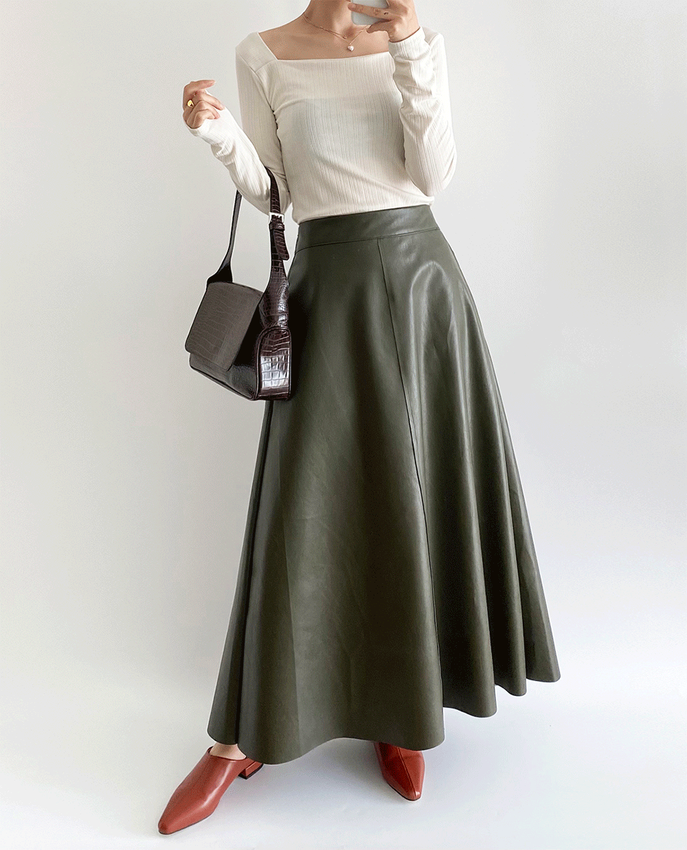 romantic leather long flared skirt 2color