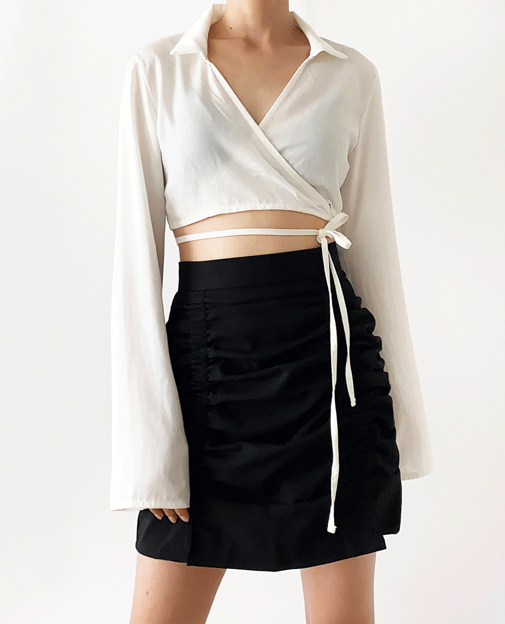 satin wrap cropped shirts 2color