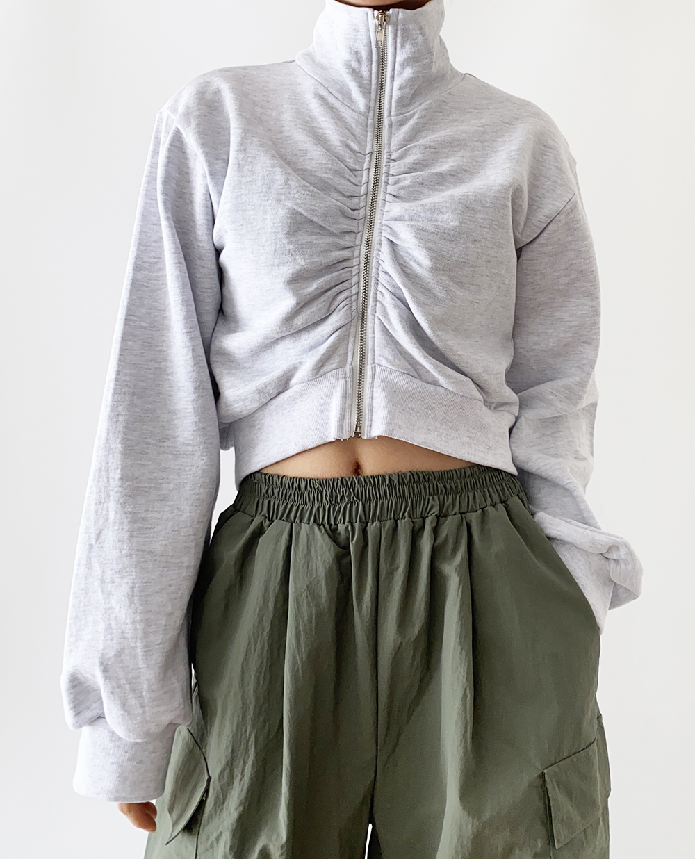 shirring cropped zip up 3color