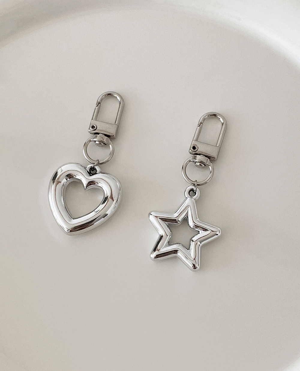 silver heart, star key ring